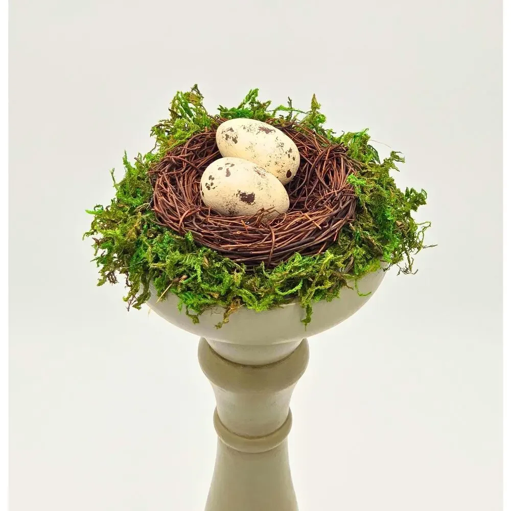 Tall Sage Nest Pedestal • Hand-Painted Wood Eggs, Table Centerpiece
